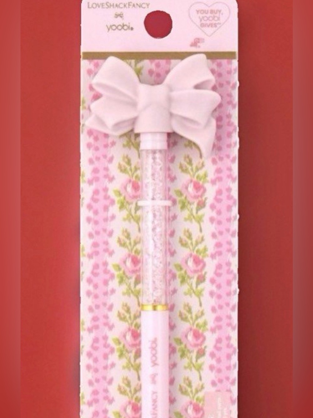 Love Shack Fancy Yoobi White & Pink Crystal Ballpoint Pen with Bow Accent